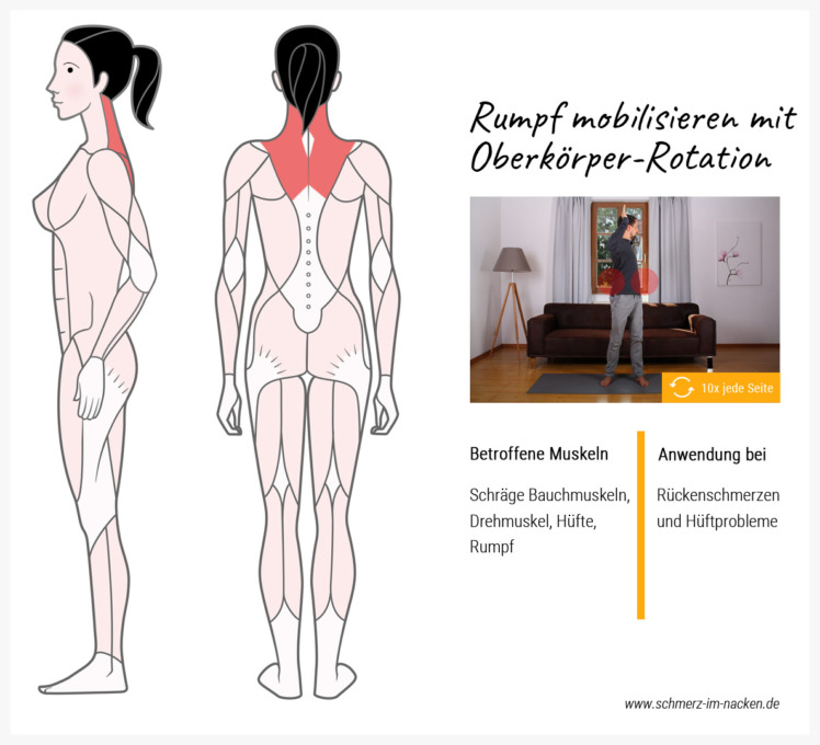 Einfach und effektiv: Die Rotationsbewegung mobilisiert den kompletten oberen Rumpf deines Körpers und hilft bei Schmerzen im oberen Rücken